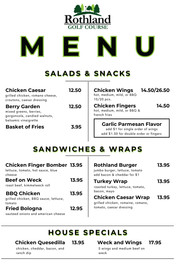 Rothland Gofl Course Restaurant Menu